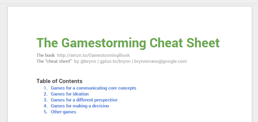 Gamestorming cheat sheet